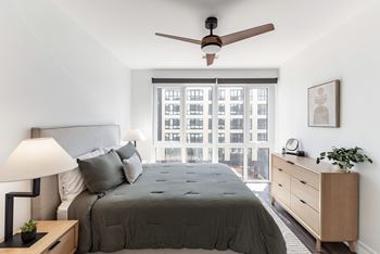 A bedroom with a bed